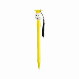 A yellow pen with a smiley face topper and a black tassel, featuring a graduation theme.