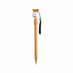 A novelty pen featuring a smiley face atop an orange barrel, adorned with a black tassel.