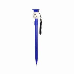 A blue pen with a graduation cap design at the top and a small tassel. It features a smiling face.