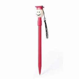 A red pen with a graduation cap and a smiling face on top, featuring a black tassel.