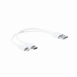 A white USB cable featuring both Micro USB and USB-C connectors. The cable has a sleek design.