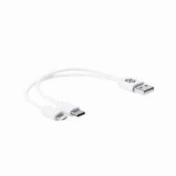 A white USB cable with a USB-A connector on one end and both micro USB and USB-C connectors on the other end.
