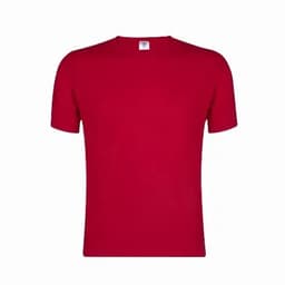 A red short-sleeved t-shirt with a round neckline, featuring a tag inside the collar.
