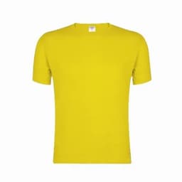 A bright yellow T-shirt featuring a classic crew neckline and short sleeves, with a label at the neck.