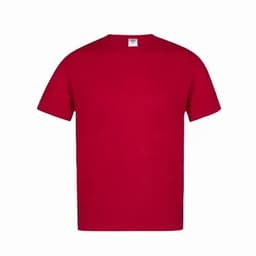 A red t-shirt featuring short sleeves and a crew neck, with a generic logo on the label.