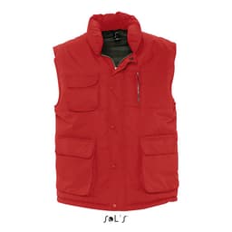 A red waterproof vest with multiple pockets and a peach skin exterior feel. Features a logo on the front.