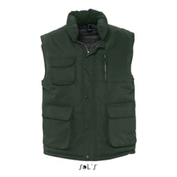 A green waterproof vest featuring multiple pockets and a soft exterior. It has a logo on the front.