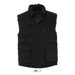 A black men's waterproof vest featuring multiple pockets and a peach skin exterior feel. It has a logo branding.
