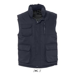 A navy blue waterproof vest featuring multiple pockets and a soft exterior, with a logo at the bottom.