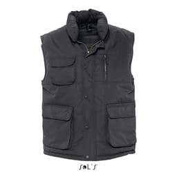 A waterproof men's vest in black with multiple pockets and a peach skin exterior feel, featuring a logo.