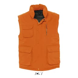 An orange men's vest with many pockets, featuring a peach skin exterior feel and a logo.