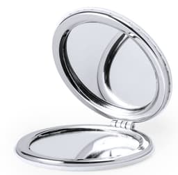 A compact mirror with a shiny silver exterior, featuring two reflective surfaces inside, open at an angle.