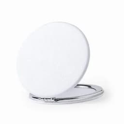 A compact mirror with a circular white surface and a shiny silver casing.