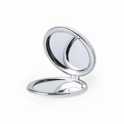 A compact mirror with a shiny silver finish, featuring a dual-sided reflective surface and a hinge for easy opening.