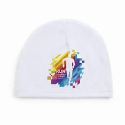 A white beanie featuring a vibrant graphic design with a runner and colourful stripes. It has a logo on it.