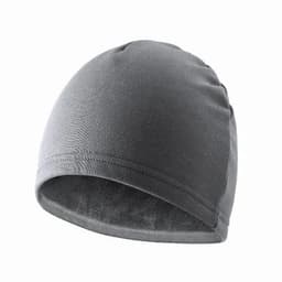 A grey beanie made of soft fabric, showcasing a smooth texture and snug fit. It features a simple, unbranded design.
