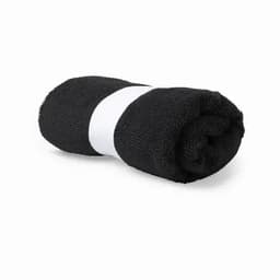 A rolled black towel with a white band around the middle, showcasing a textured fabric.