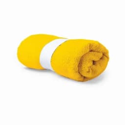 A rolled-up yellow towel secured with a white band. The towel features a textured surface.