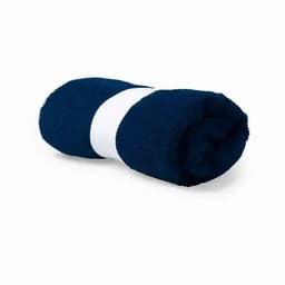 A rolled navy towel with a white band, showcasing a soft texture and compact design.