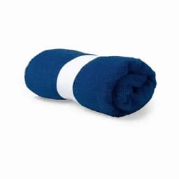 A rolled towel in navy blue with a white band around the centre. The fabric appears soft and fluffy.