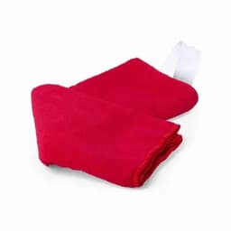 A red oven mitt made from soft material, featuring a white loop for hanging.