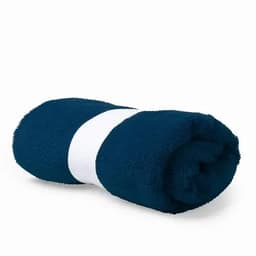 A rolled navy blue towel with a white band around it. The fabric appears soft and plush.