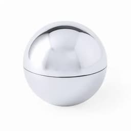 A shiny silver sphere-shaped container with a smooth surface and a seam around its circumference.