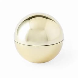 A gold metallic spherical container with a smooth, reflective surface and a seam around the middle.