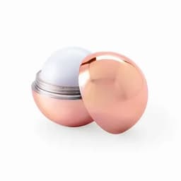 A glossy rose gold spherical container with a white lid, partially open, showcasing its smooth interior.