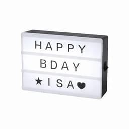A lightbox featuring adjustable black letters on a white background, spelling out "HAPPY BDAY ISA" with a star and heart.