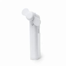 A portable handheld fan in white with a simple design and a small two-blade propeller at the top.