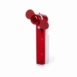A portable fan in red and white with a compact design, featuring two propeller blades. It has a logo on the body.