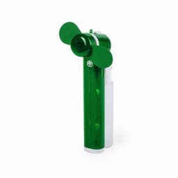 A portable fan in green with two rotating blades and a white base, featuring a logo on the side.