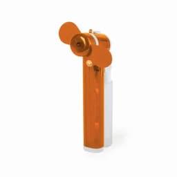 A drink bottle in orange and white, featuring a small fan on top. Includes a logo on the side.