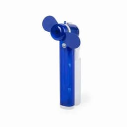 A drink bottle in transparent blue with a small fan at the top and a simple button for operation.