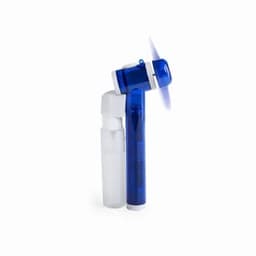 A blue and white portable fan with an attached water bottle. The fan is designed for personal cooling.