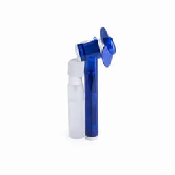 A drink bottle in blue and white with an attached fan, featuring a logo on its body.