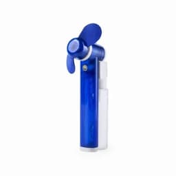 A blue portable fan with a water mist feature and a transparent water reservoir, designed for personal cooling.