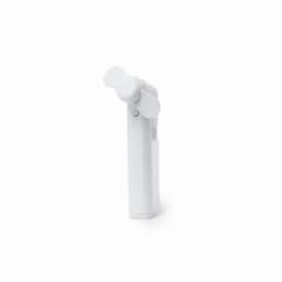 A portable fan in white, featuring a compact design with a two-blade rotating head and a built-in handle.