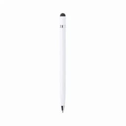 A white pen with a silver accent and a stylus tip at the end, featuring a sleek design.