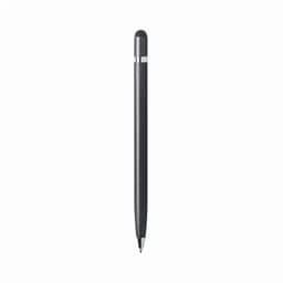 A sleek black pen with a silver accent, featuring a stylus tip for touchscreen devices.