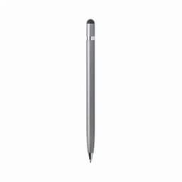 A grey pen with a sleek design, featuring a stylus tip and a metallic finish. It has a logo on the barrel.