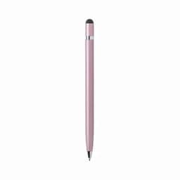 A pink stylus pen with a silver accent, featuring a soft tip for touchscreens.