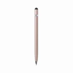 A pen in a soft pink colour with a silver accent and a stylus tip at one end. It features a sleek design.