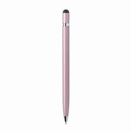 A pink stylus pen with a sleek design and a silver clip, featuring a dual function for touchscreens and writing.