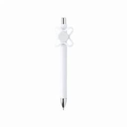 A white pen with a decorative light-coloured flower-shaped clip and a silver tip.
