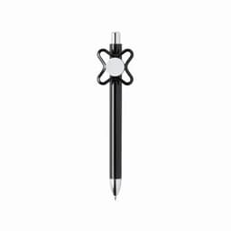 A black pen with a unique cross-shaped grip and a silver clip at the top. It features a circular branding element.