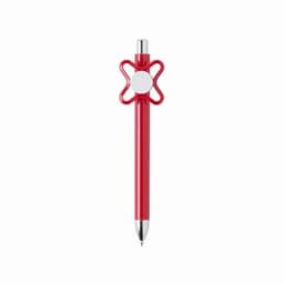 A red pen with a distinctive flower-shaped grip and a shiny silver tip, featuring a branding logo.