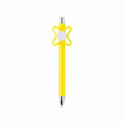 A yellow pen with a flower-shaped grip and silver tip, featuring a logo on the clip.