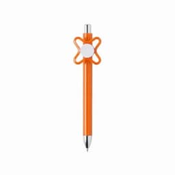 An orange pen with a decorative, flower-like grip and a silver barrel. It features a branding logo.